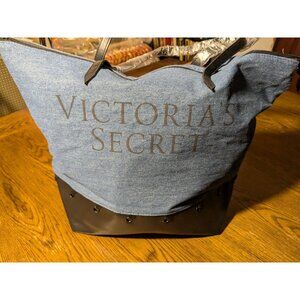 Victorias Secret Denim & Faux Leather Tote Bag With Matching Zipper Pouch NWOT